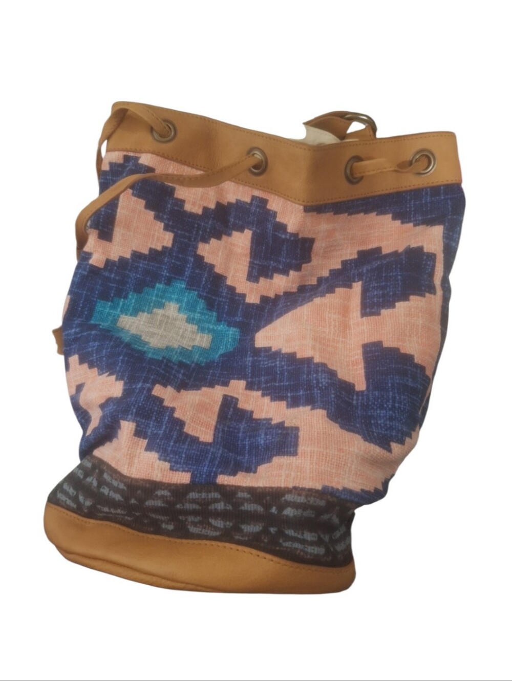 Free People Blue Pink Teal Woven Drawstring Backpack with Tan Trim - Picture 3 of 3